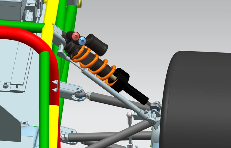 CAD render of the front suspension with damper and pushrod