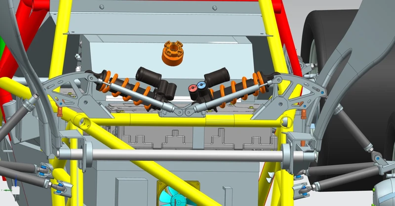 CAD render of the rear suspension with both rockers and dampers