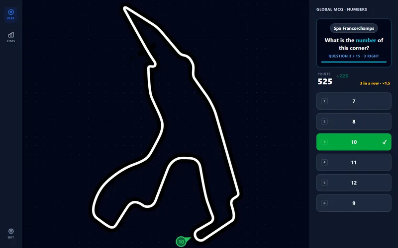 Quiz asking the number of a highlighted corner at Spa-Francorchamps, with six answers